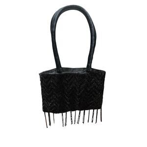 Black Beaded Evening hand bag Fringe Satin Handles Formal Party Night out